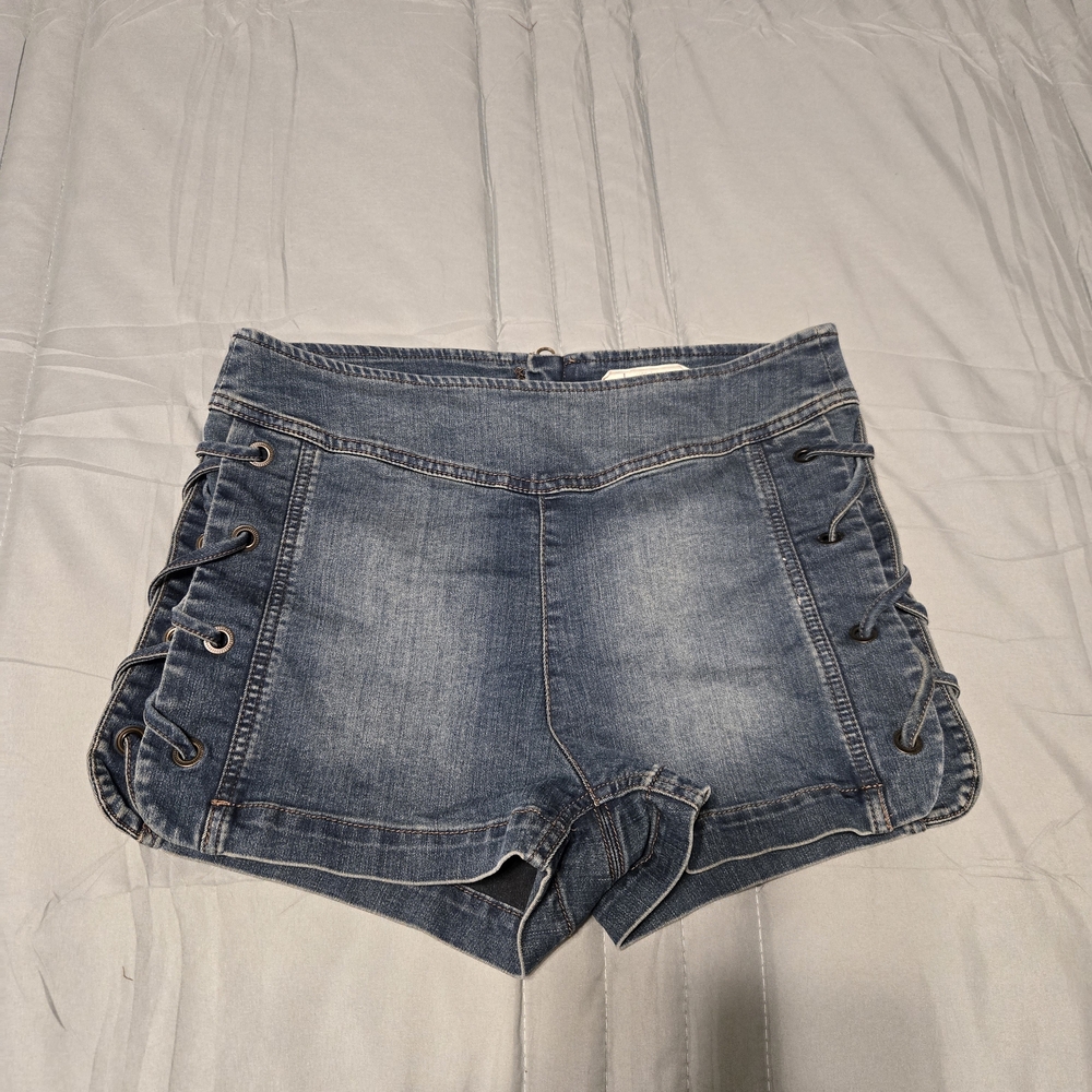 Free People Blue Lace-Up Jean Shorts